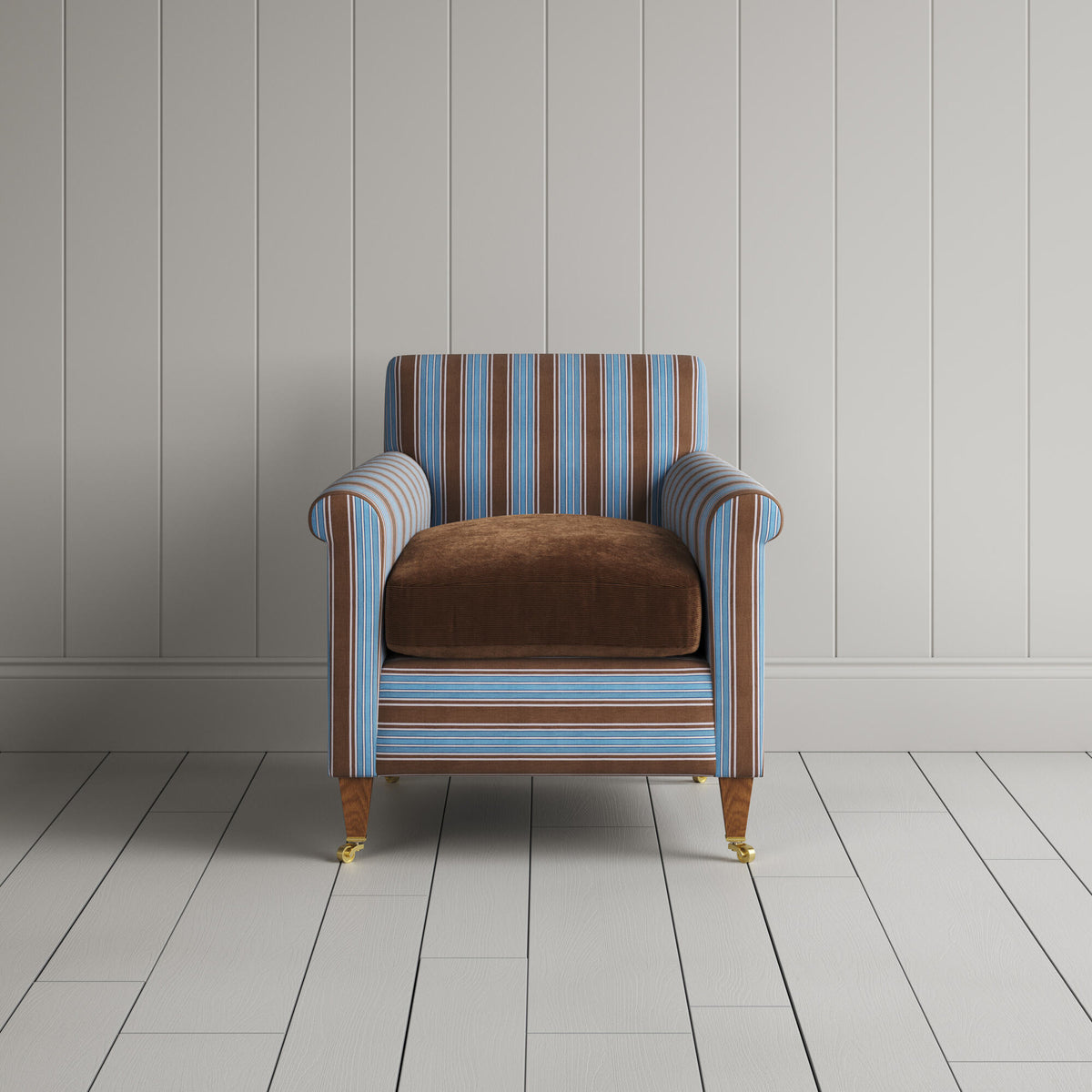 Idler Armchair in Regatta Blue Frame and Classic Corduroy Tobacco Seat front view