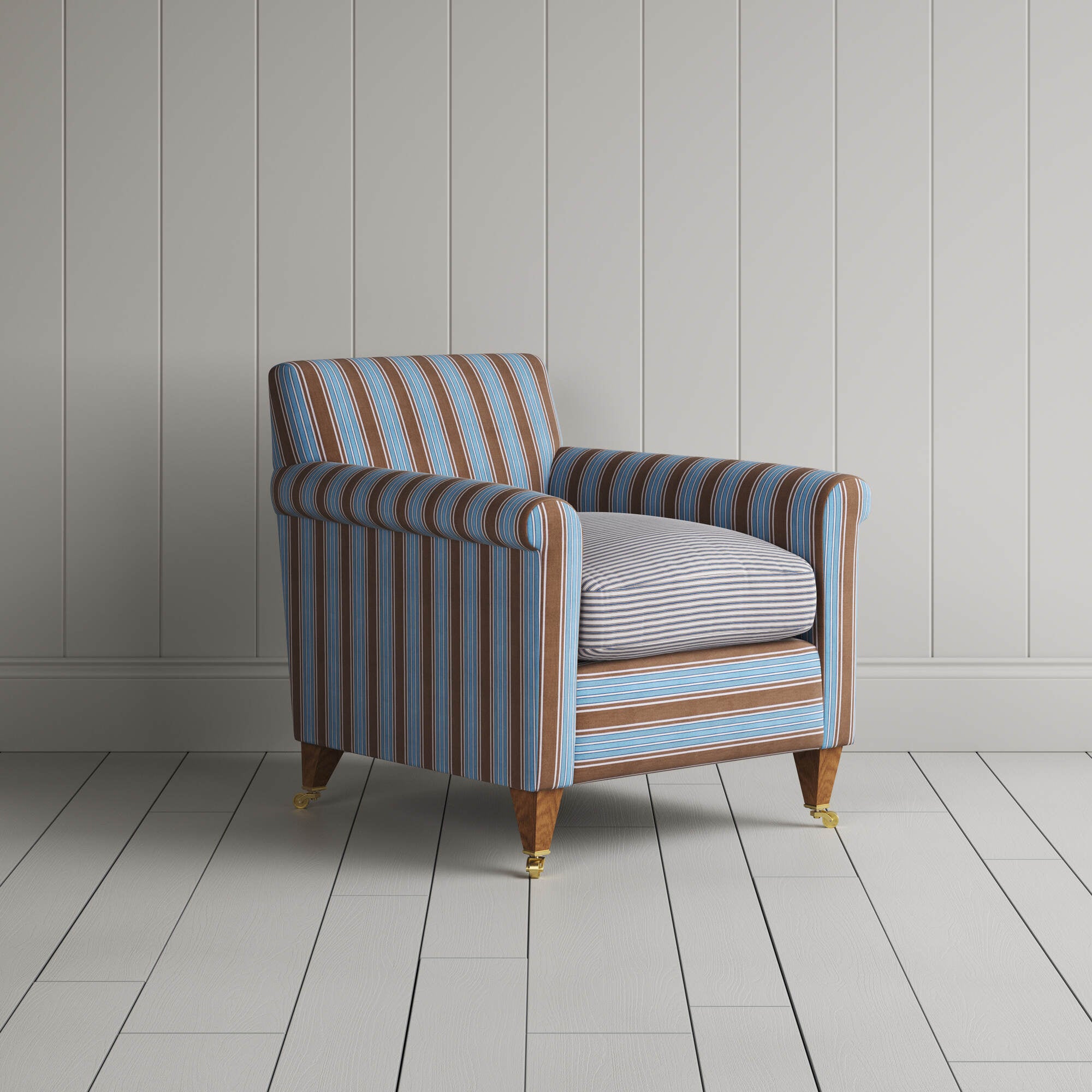  Idler Armchair in Regatta Blue Frame and Ticking Blue Brown Seat angled view 