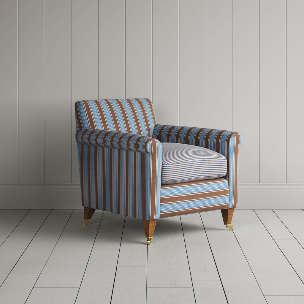  Idler Armchair in Regatta Blue Frame and Ticking Blue Brown Seat angled view 