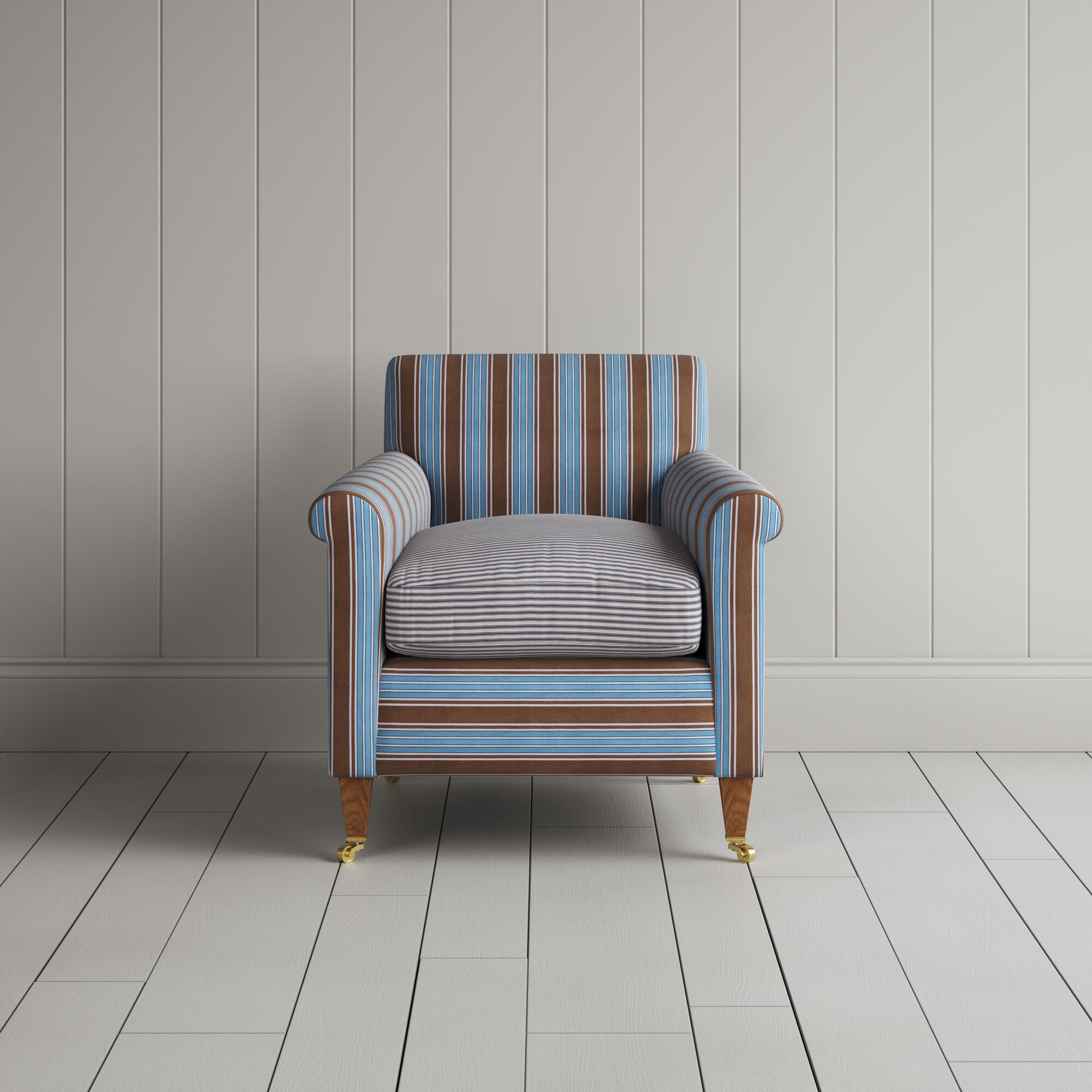  Idler Armchair in Regatta Blue Frame and Ticking Blue Brown Seat front view 