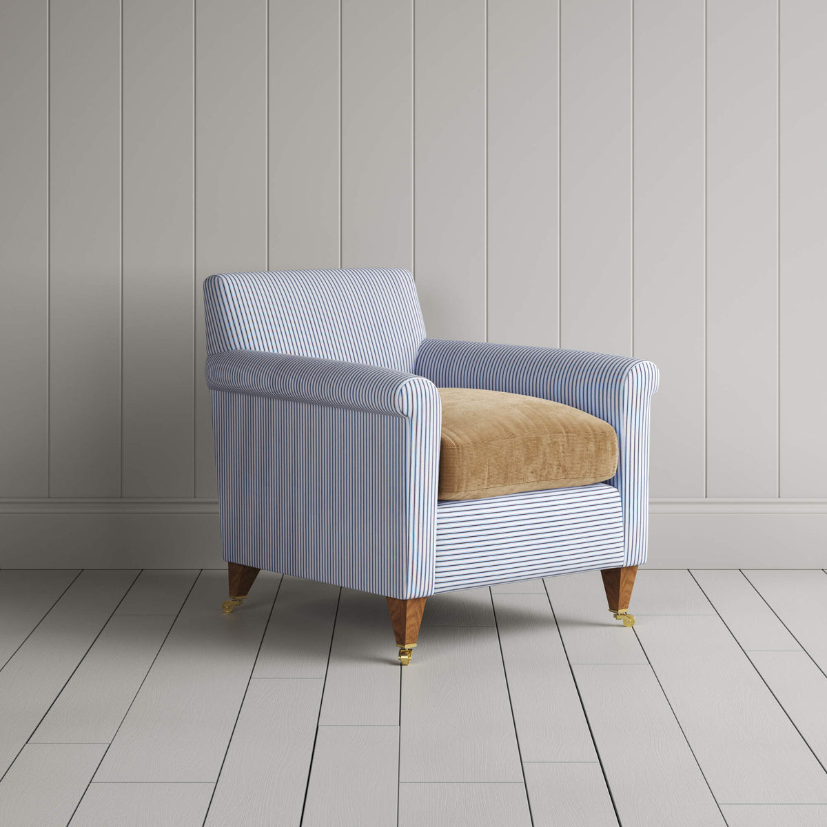 Idler Armchair in Ticking Aqua Brown Frame and Classic Corduroy Stone Beige Seat 
