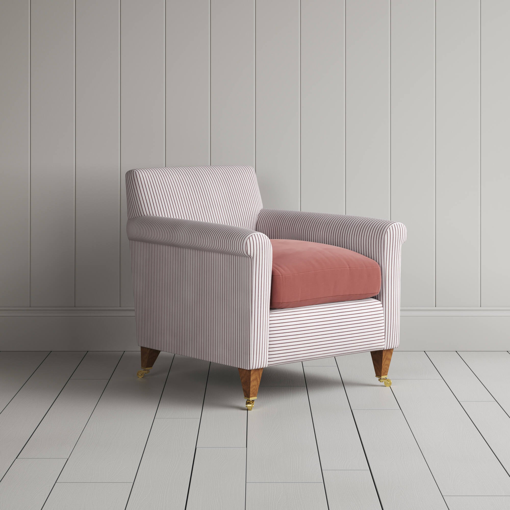  Idler Armchair in Ticking Berry Frame and Intelligent Velvet Damson Seat angled view 