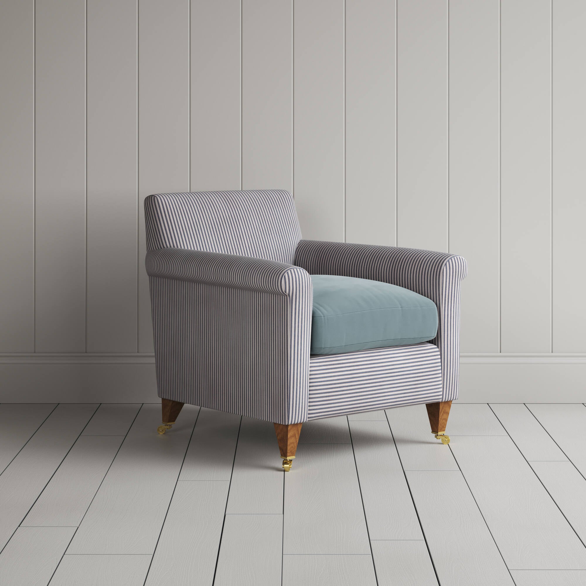  Idler Armchair in Ticking Blue Brown Frame and Intelligent Velvet Mineral Seat angled view 