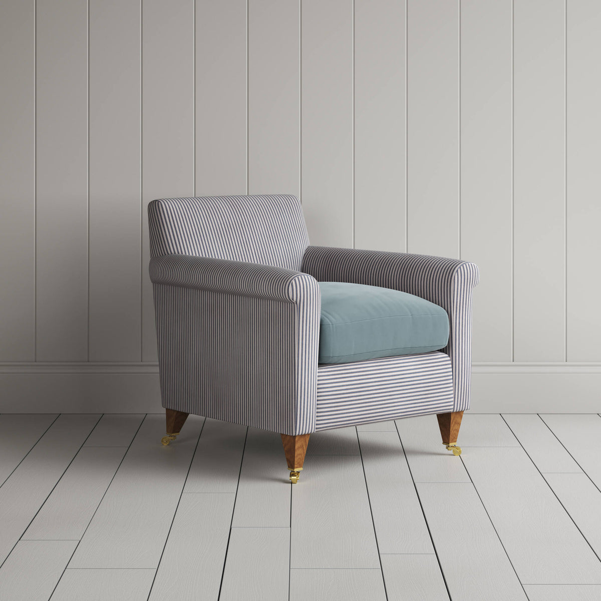 Idler Armchair in Ticking Blue Brown Frame and Intelligent Velvet Mineral Seat angled view