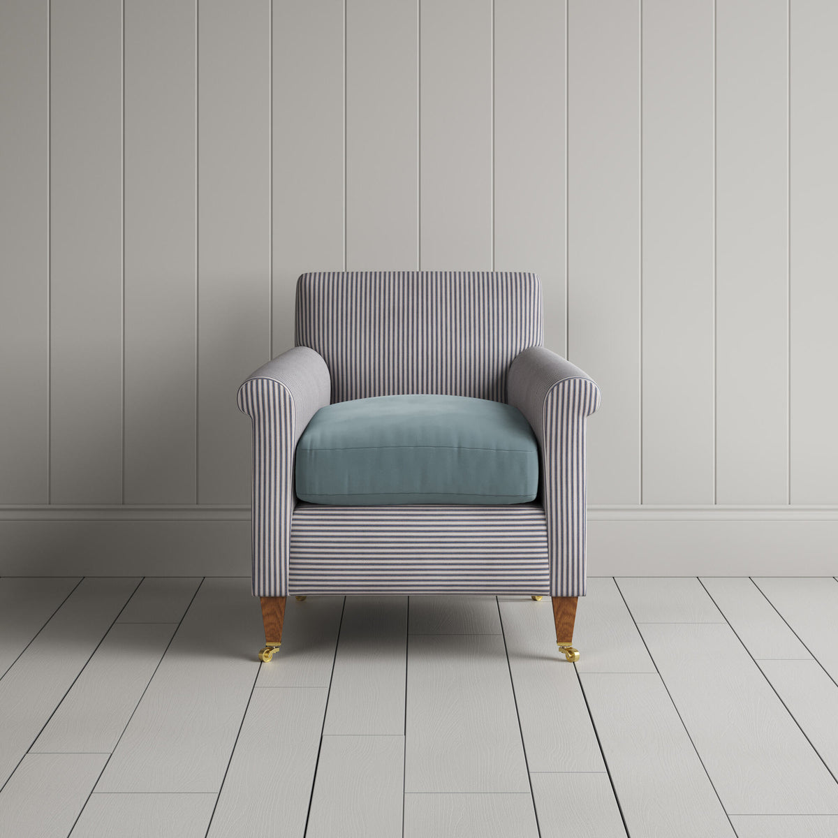 Idler Armchair in Ticking Blue Brown Frame and Intelligent Velvet Mineral Seat front view