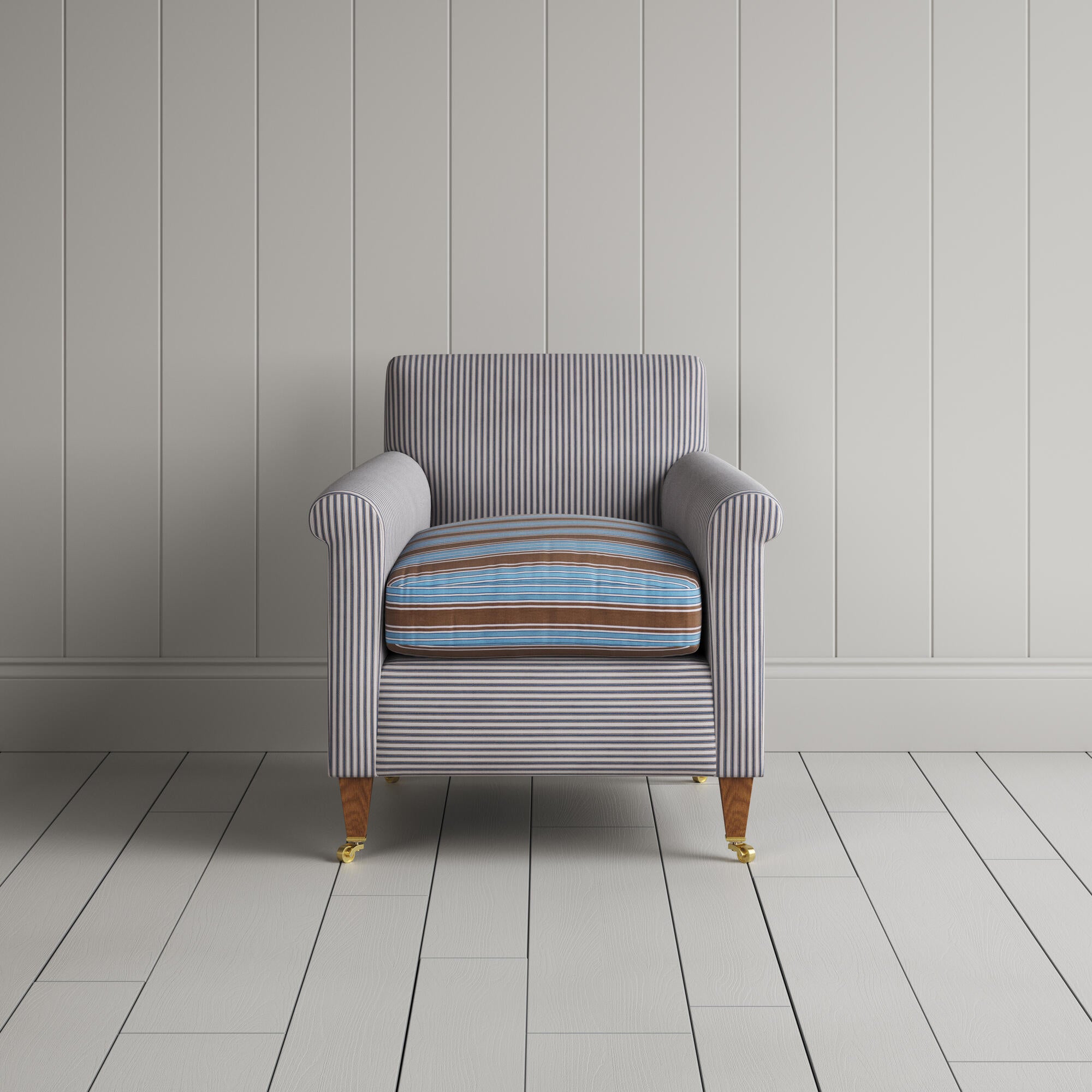  Idler Armchair in Ticking Blue Brown Frame and Regatta Blue Seat front view 