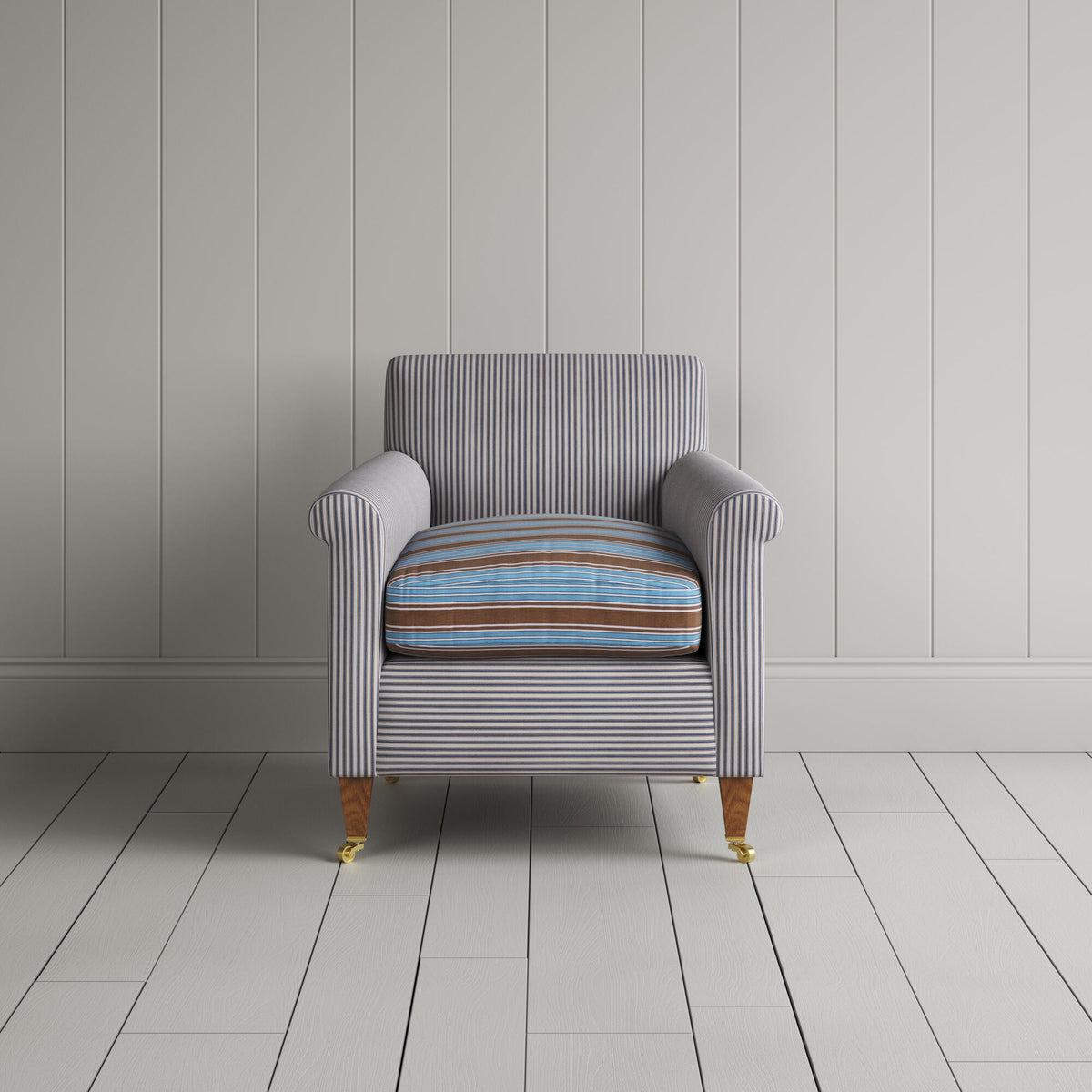 Idler Armchair in Ticking Blue Brown Frame and Regatta Blue Seat front view