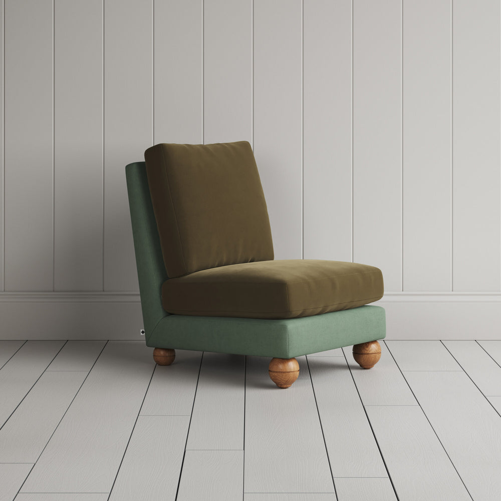 Perch Slipper Armchair in Laidback Linen Moss Frame and Intelligent Velvet Sepia Seat