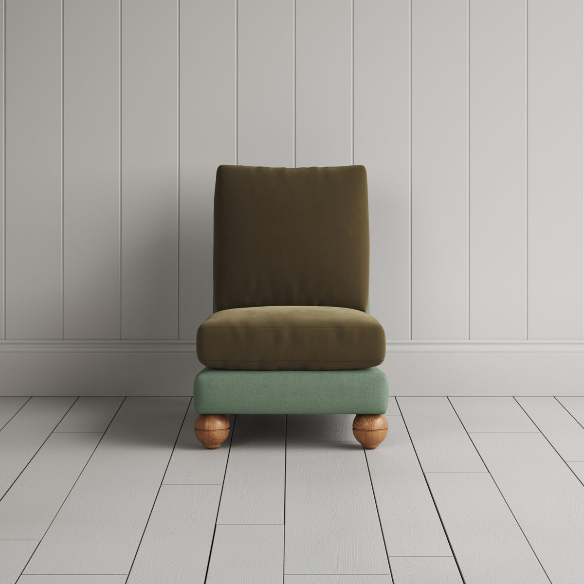 Perch Slipper Armchair in Laidback Linen Moss Frame and Intelligent Velvet Sepia Seat