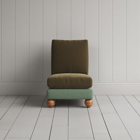 Perch Slipper Armchair in Laidback Linen Moss Frame and Intelligent Velvet Sepia Seat