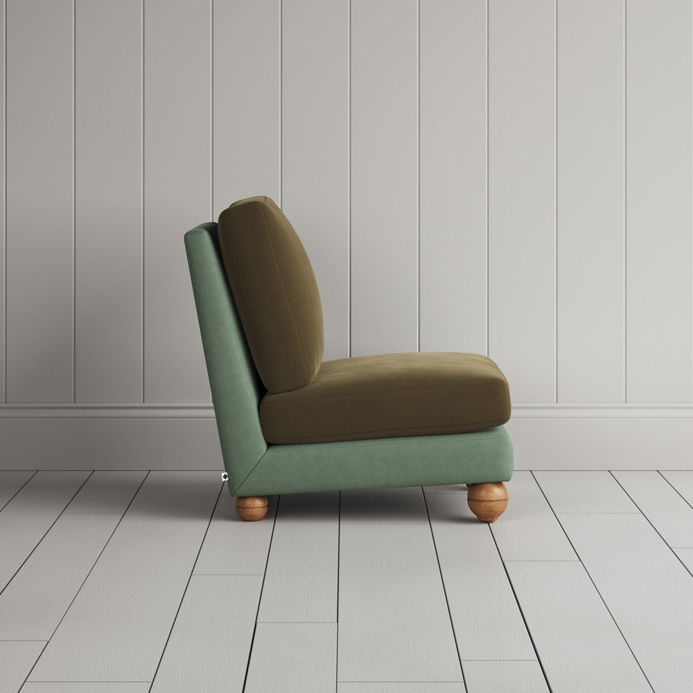 Perch Slipper Armchair in Laidback Linen Moss Frame and Intelligent Velvet Sepia Seat