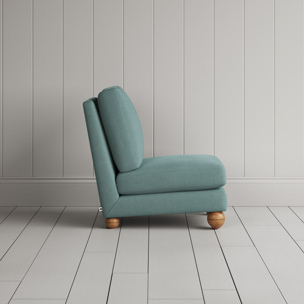 Perch Slipper Armchair in Laidback Linen Cerulean side profile