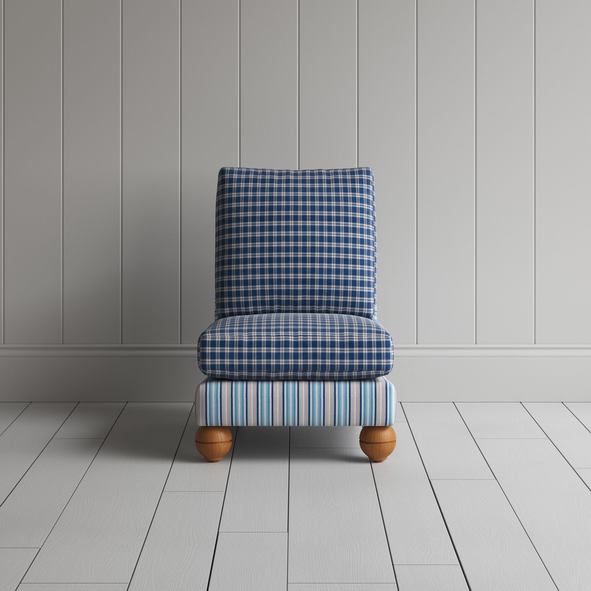  Perch Slipper Armchair in Slow Lane Blue Frame and Well Plaid Seat 