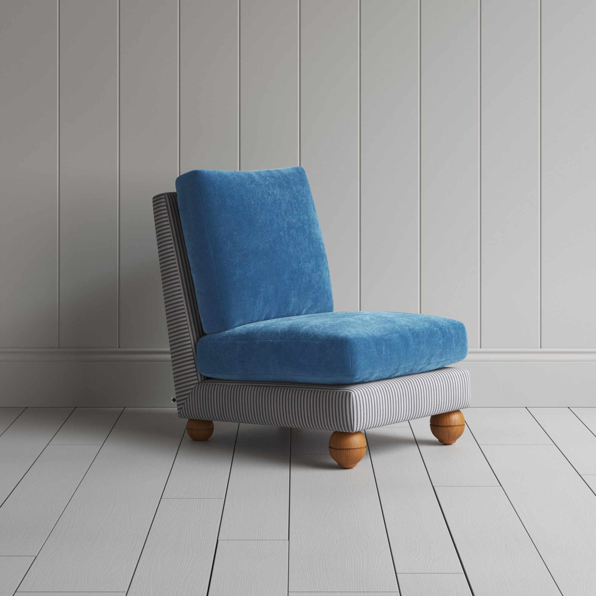  Perch Slipper Armchair in Ticking Blue Brown Frame and Classic Corduroy Harbour Blue Seat 