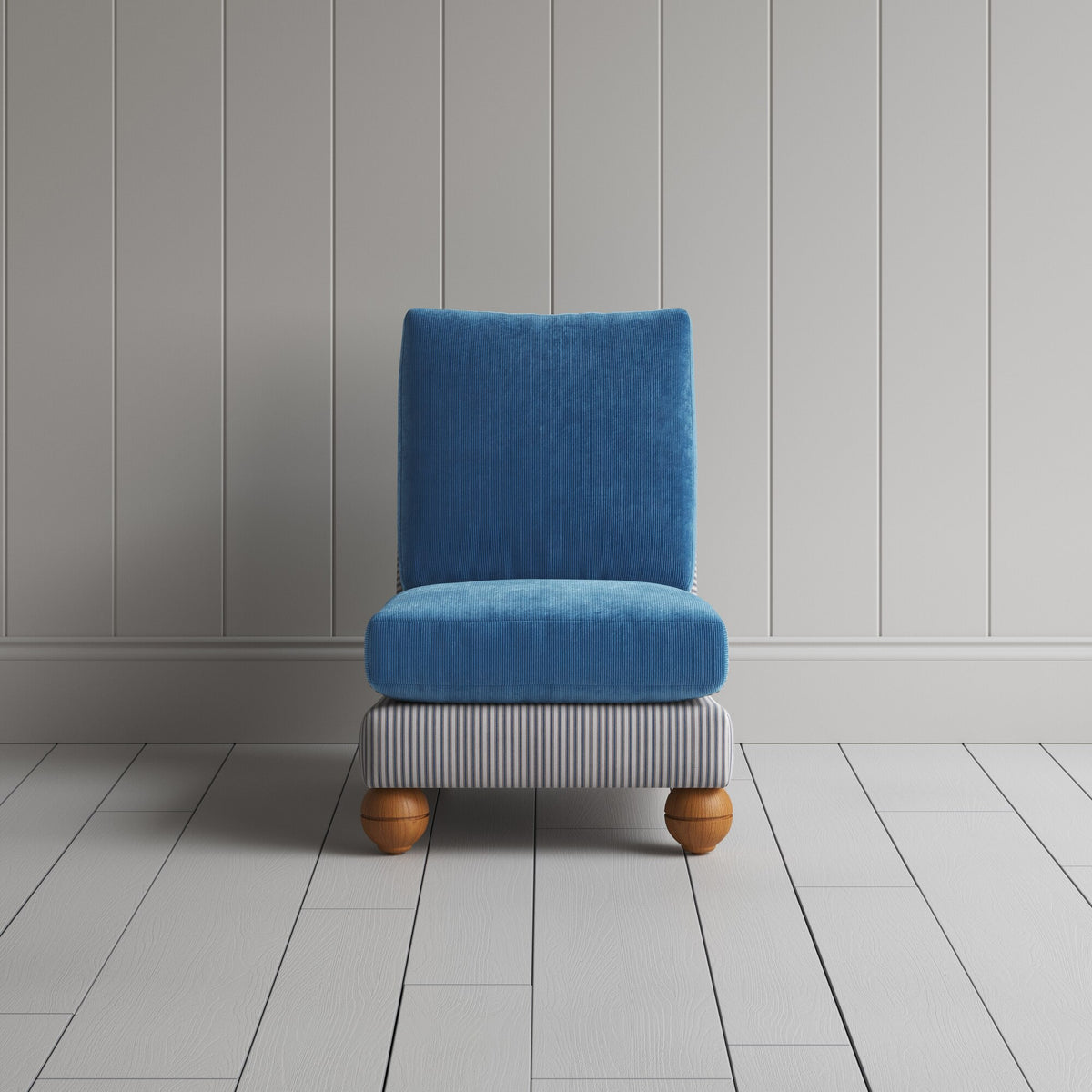 Perch Slipper Armchair in Ticking Blue Brown Frame and Classic Corduroy Harbour Blue Seat