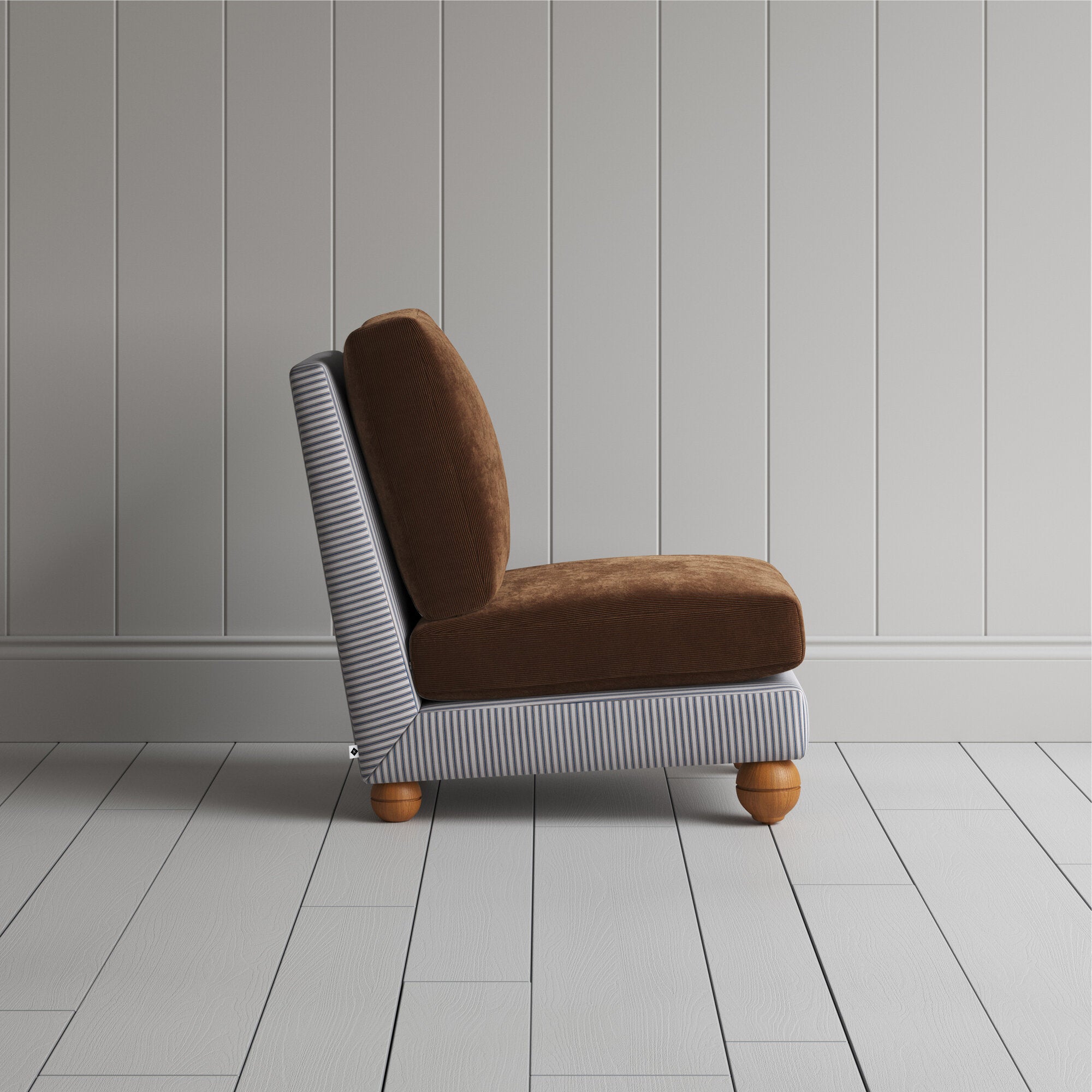  Perch Slipper Armchair in Ticking Blue Brown Frame and Classic Corduroy Tobacco Seat 
