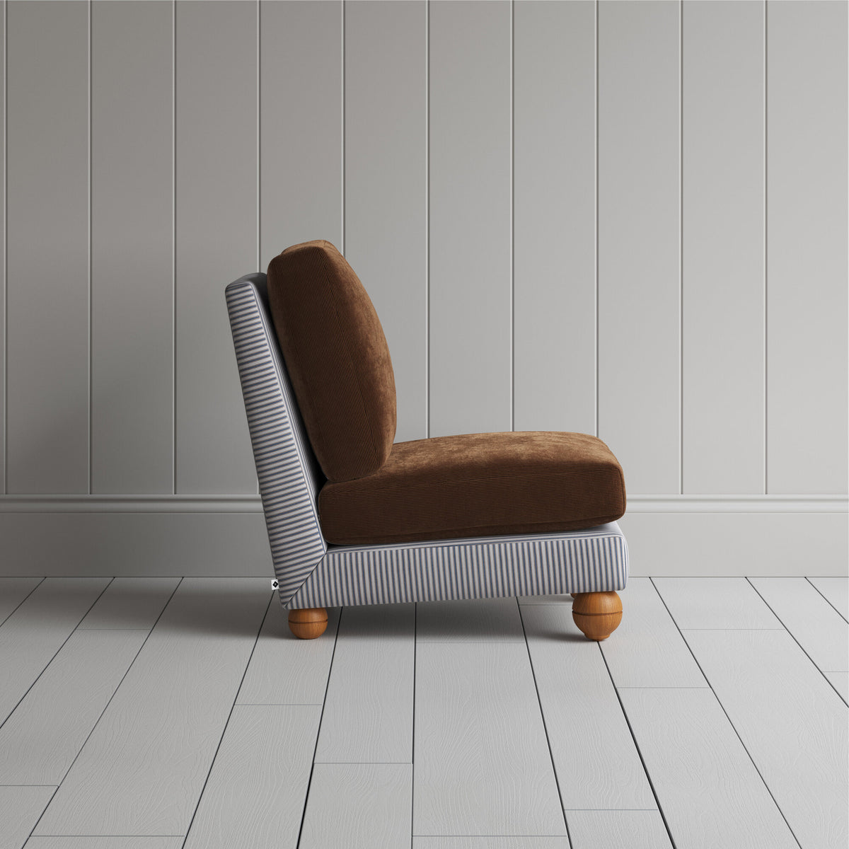 Perch Slipper Armchair in Ticking Blue Brown Frame and Classic Corduroy Tobacco Seat