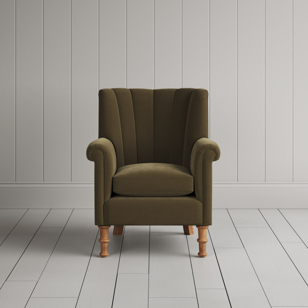 Time Out Armchair fluted back design in intelligent velvet sepia, front view by Nicola Harding.