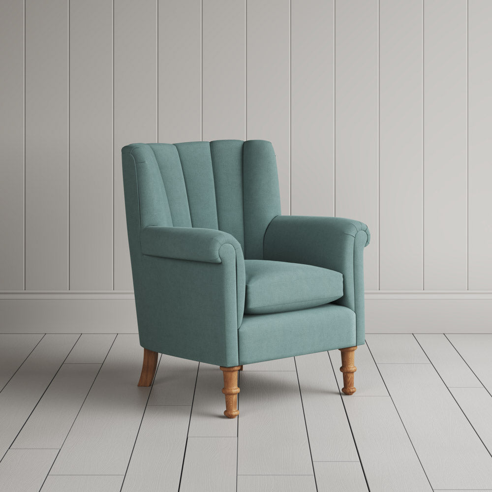  Time Out Armchair fluted back armchair in laidback linen cerulean, angled view by NiX. 