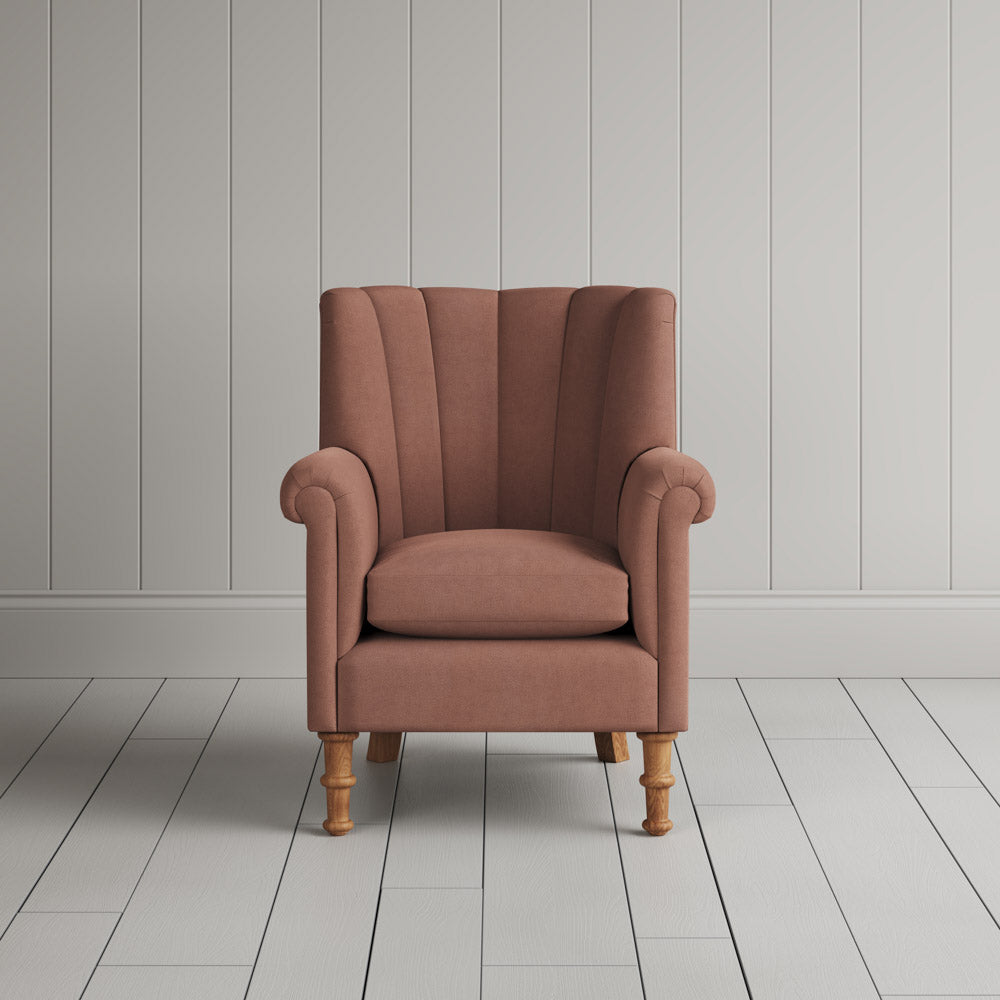  NiX furniture roseberry pink linen armchair with high fluted back, front studio shot. 