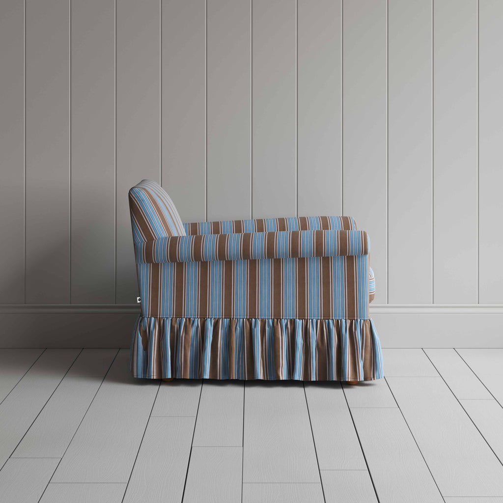  Curtain Call Armchair in Regatta Cotton, Blue, Side View - Nicola Harding 