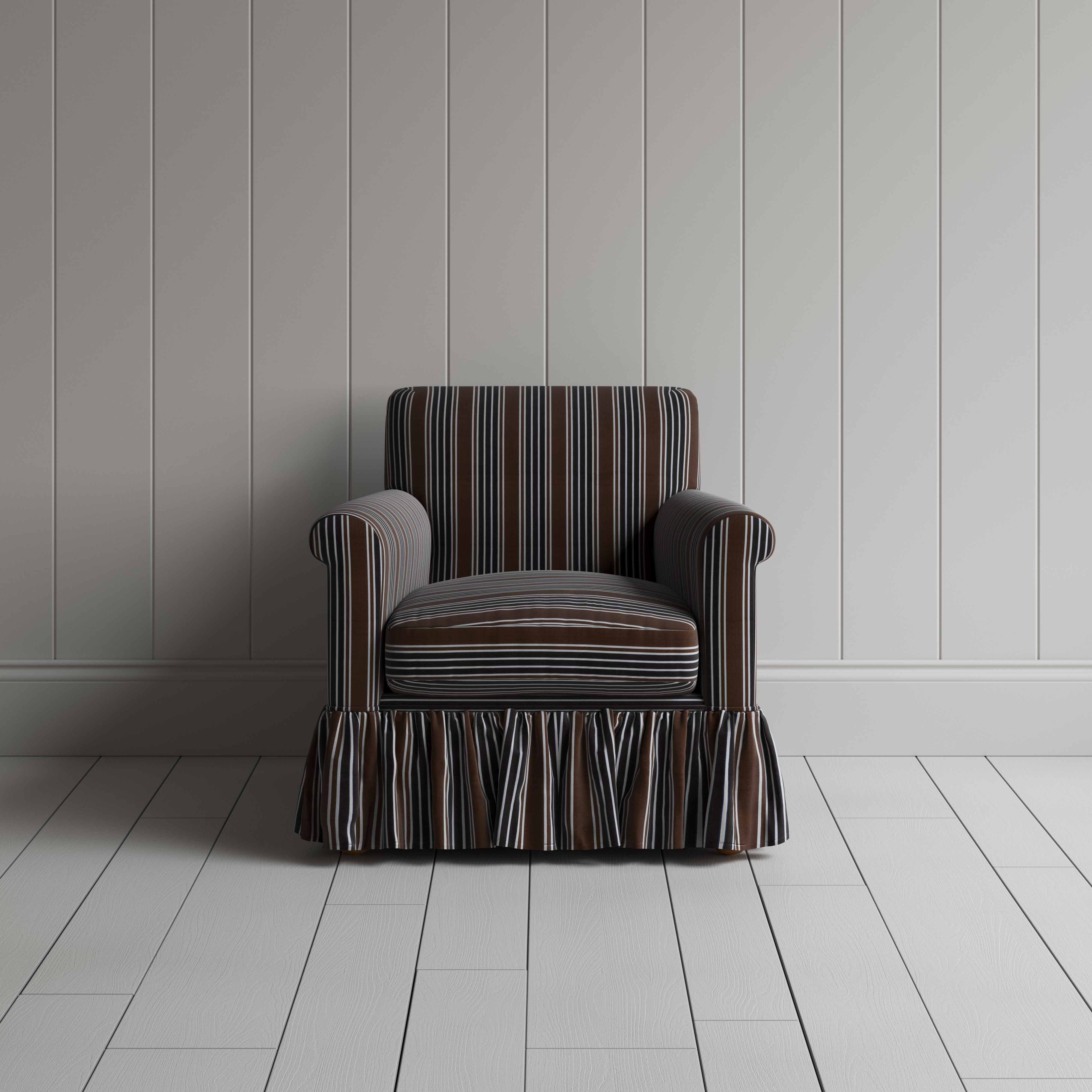  Curtain Call Armchair in Regatta Cotton, Charcoal, Front View - Nicola Harding 