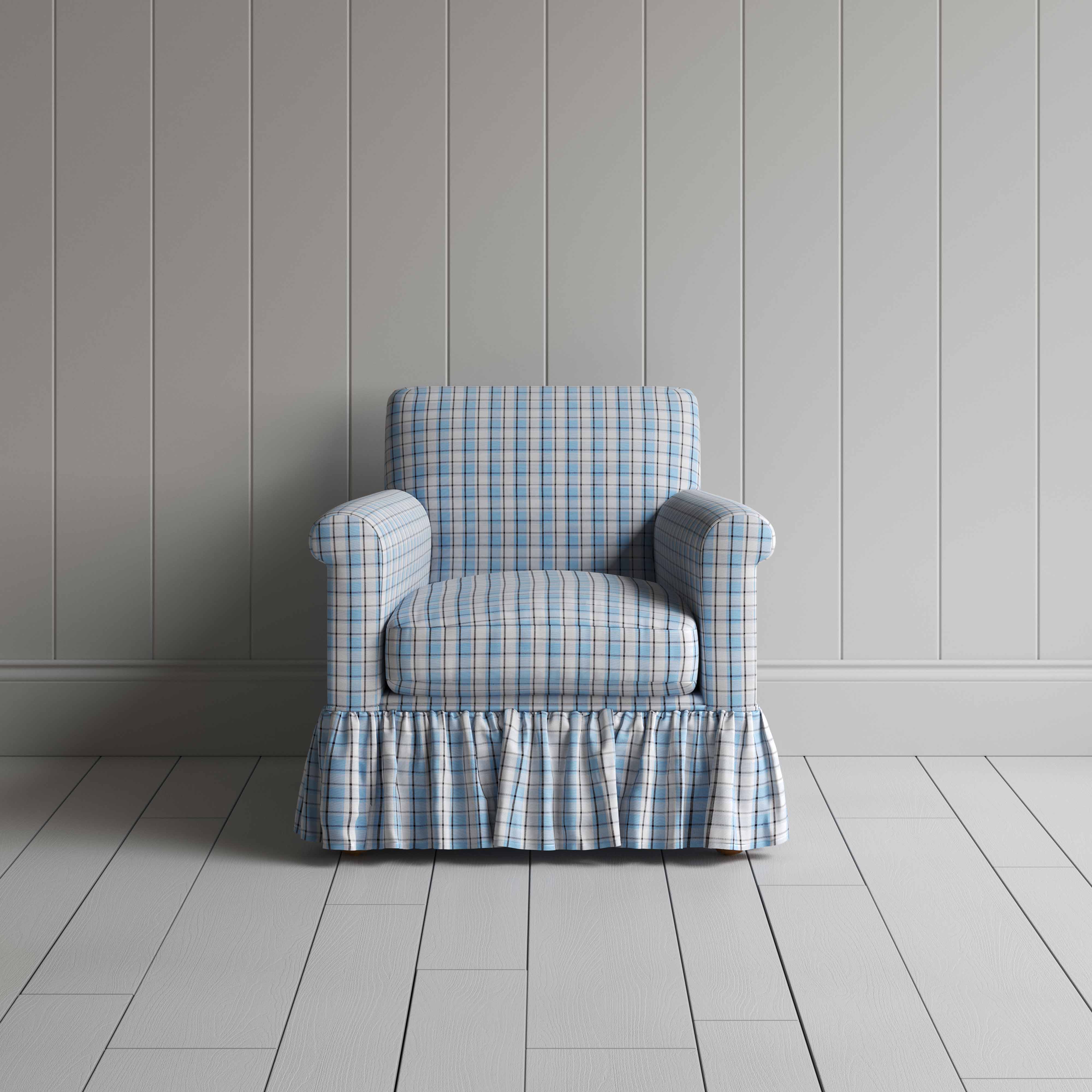  Curtain Call Armchair in Square Deal Cotton, Blue Brown, Front View - Nicola Harding 