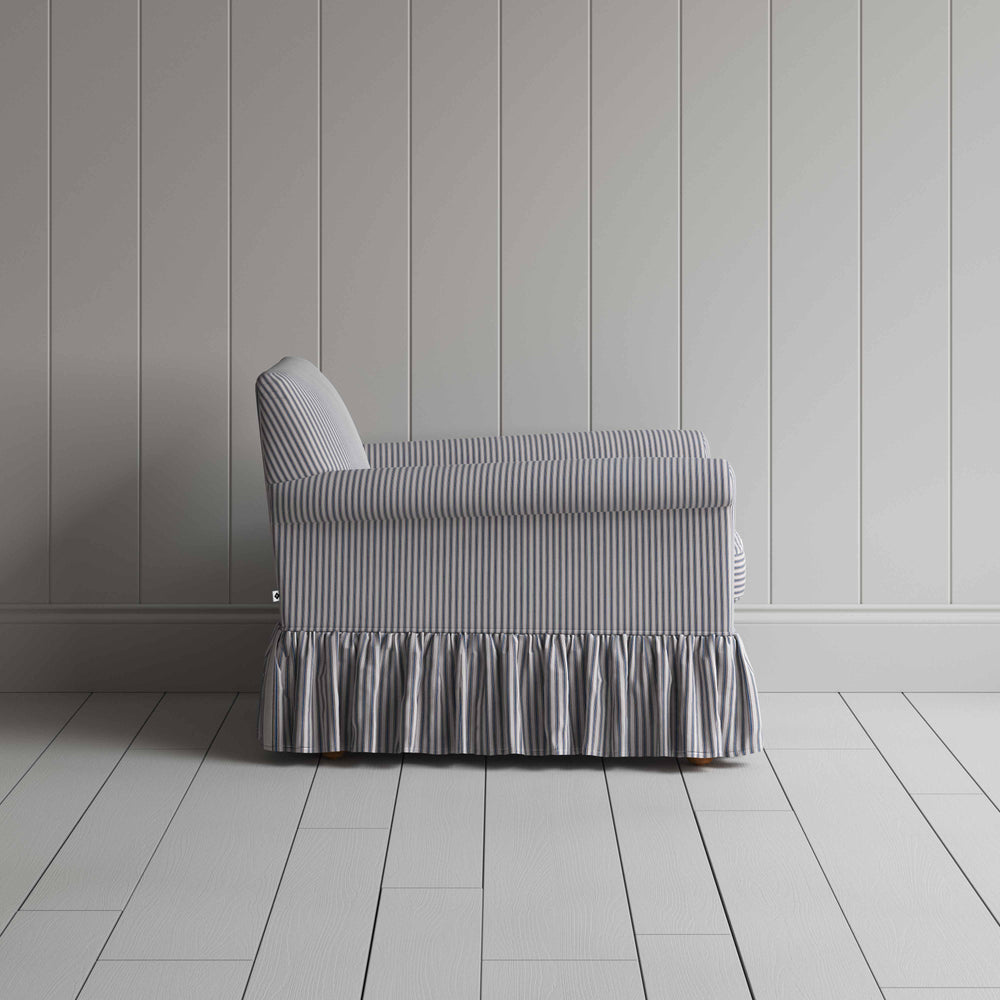 Curtain Call Armchair in Ticking Cotton, Blue Brown, Side View - Nicola Harding