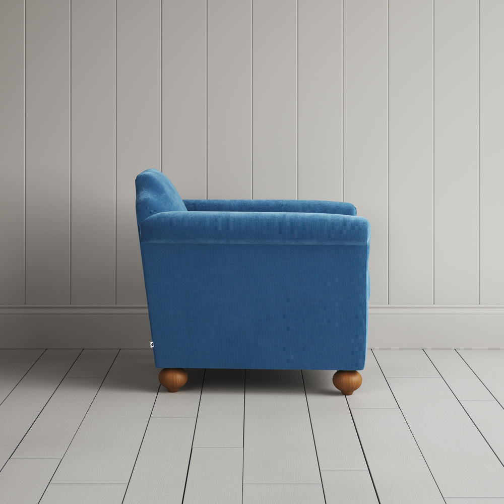  Side profile of the Harbour Blue corduroy Dolittle armchair - By NiX 