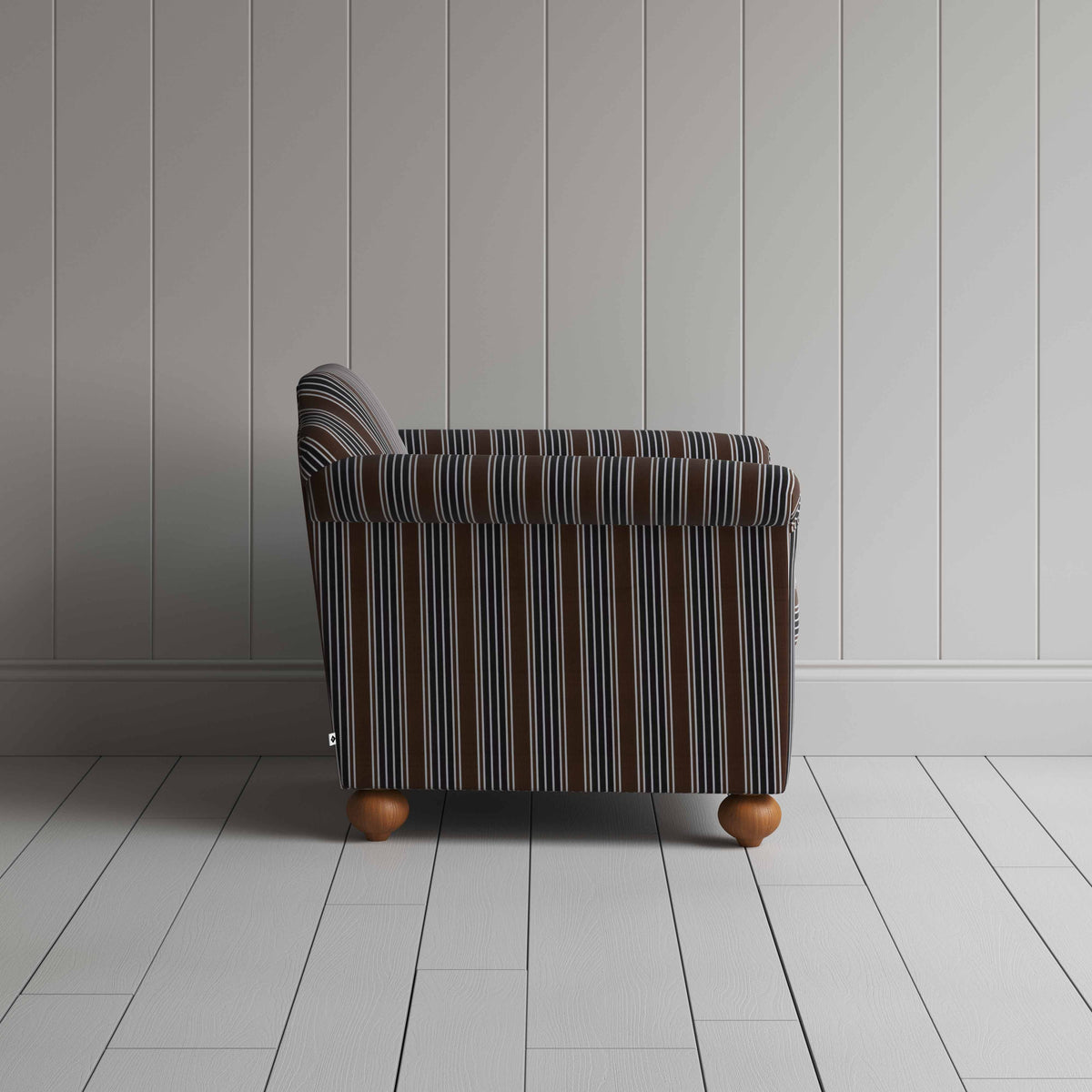 Dolittle Armchair in Regatta Cotton, Charcoal, Side View - Nicola Harding