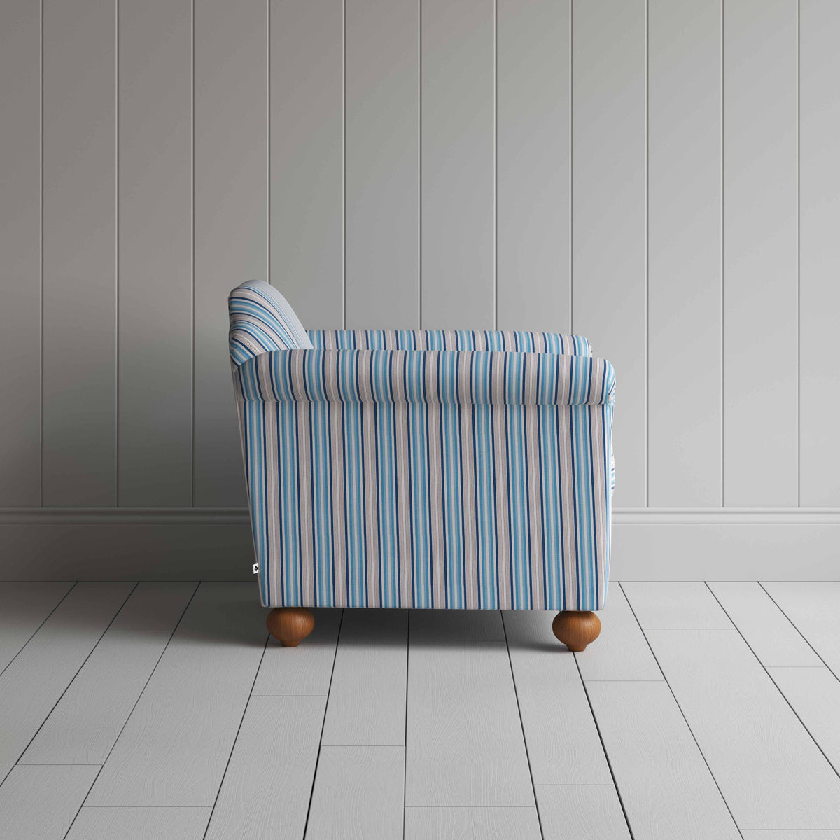 Dolittle Armchair in Slow Lane Cotton Linen, Blue, Side View - Nicola Harding