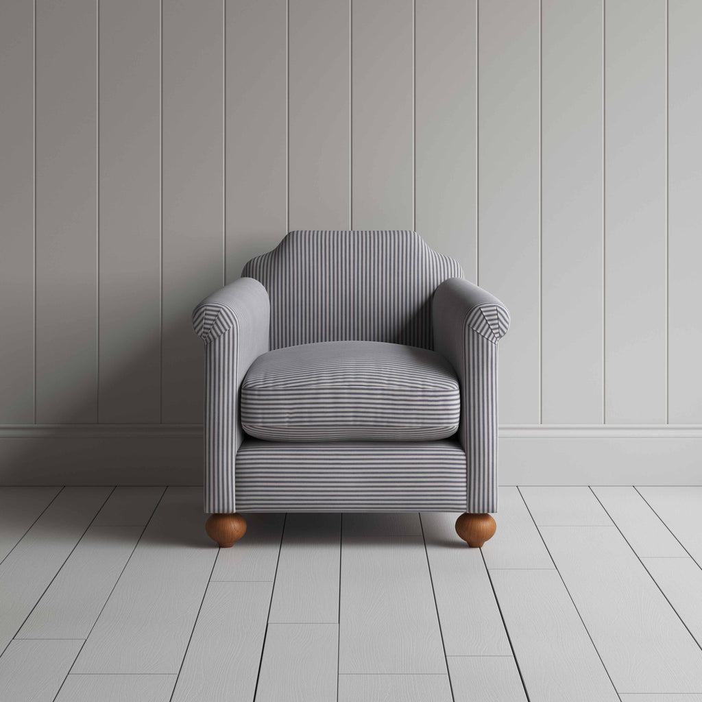  Dolittle Armchair in Ticking Cotton, Blue Brown, Front View - Nicola Harding 