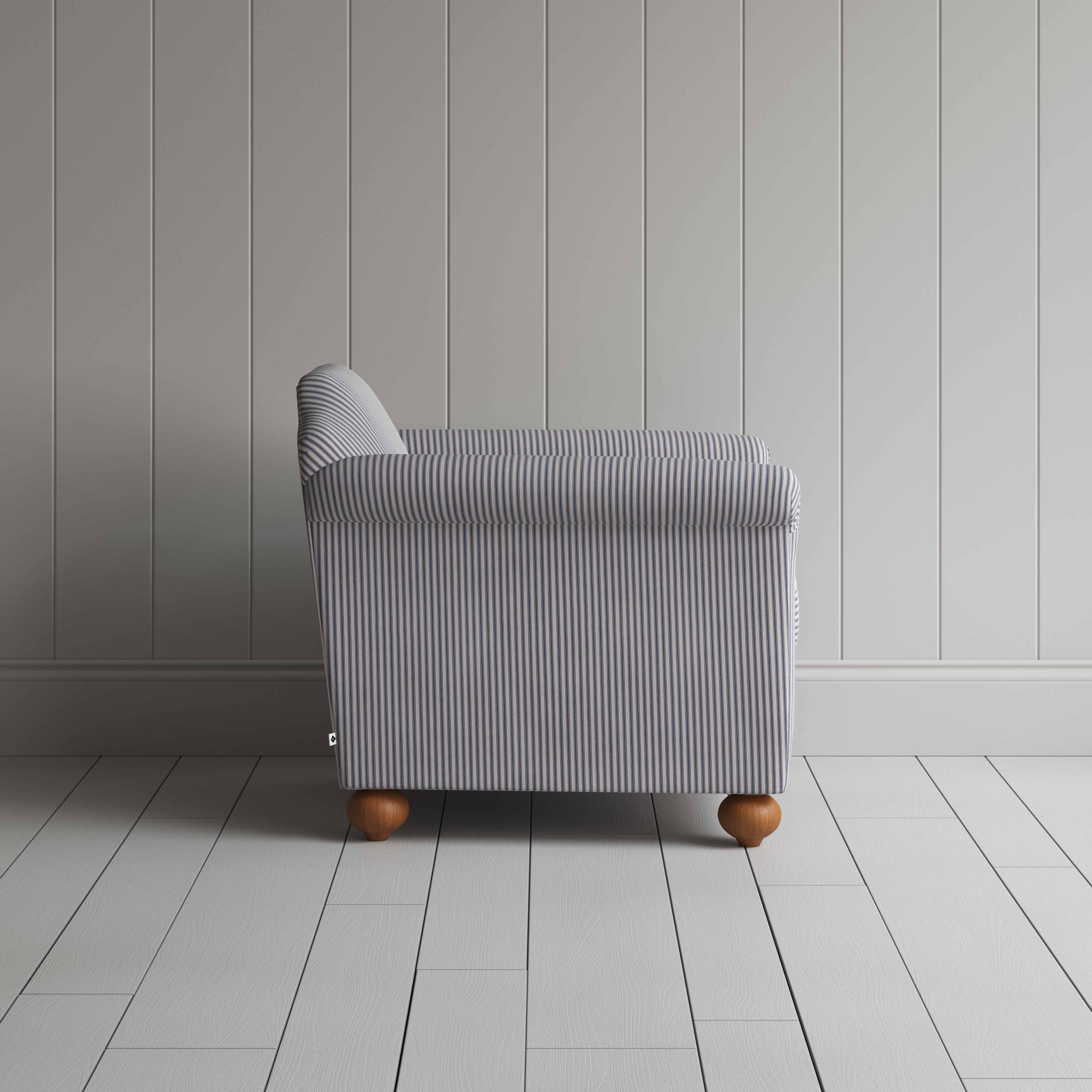  Dolittle Armchair in Ticking Cotton, Blue Brown, Side View - Nicola Harding 