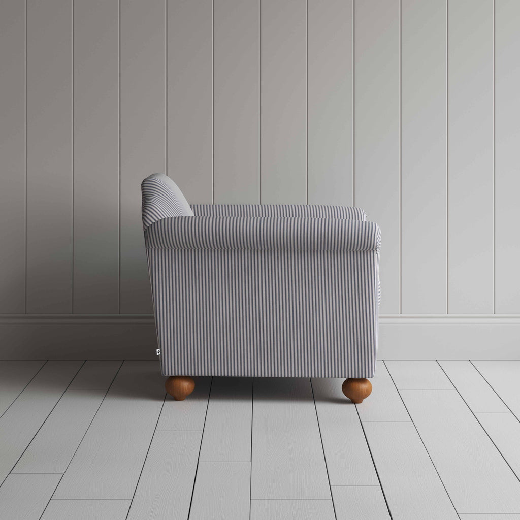  Dolittle Armchair in Ticking Cotton, Blue Brown, Side View - Nicola Harding 