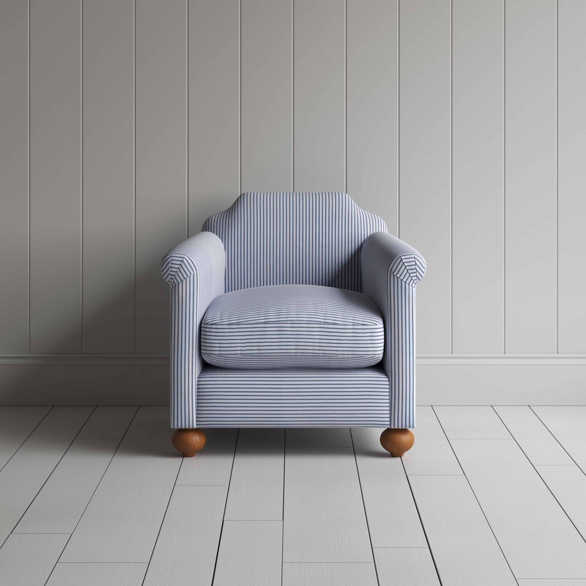Dolittle Armchair in Ticking Cotton, Aqua Brown, Front View - Nicola Harding