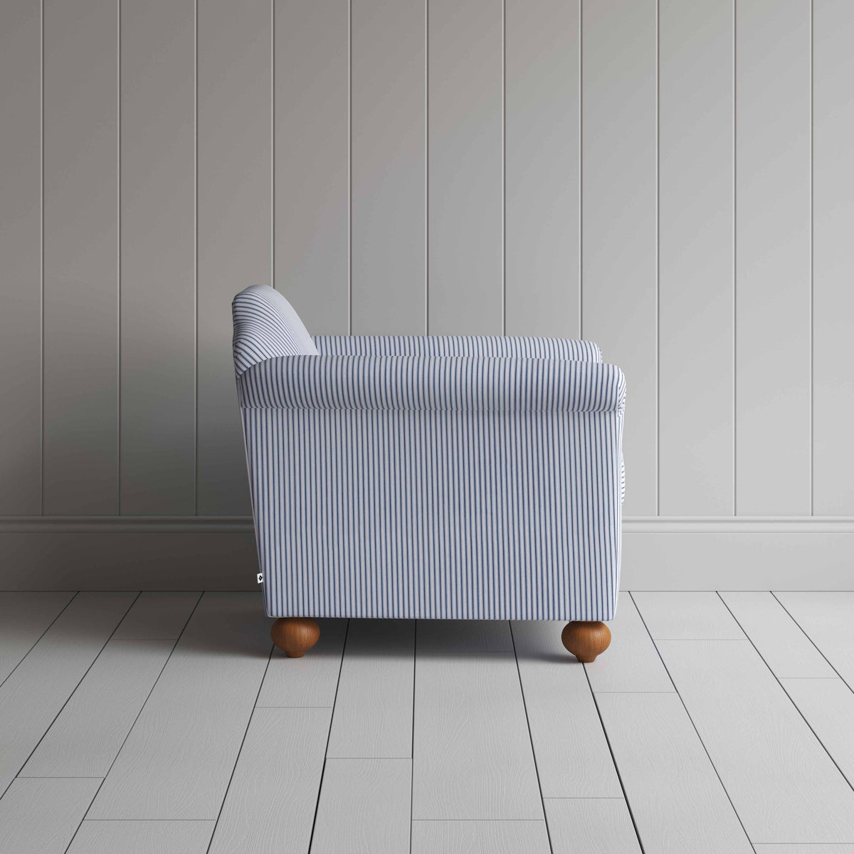 Dolittle Armchair in Ticking Cotton, Aqua Brown, Side View - Nicola Harding