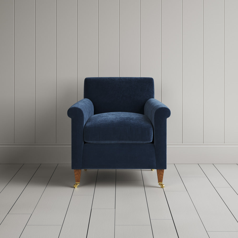 Idler Armchair in Dark Blue Classic Corduroy, a midnight blue UK handmade reading chair. 