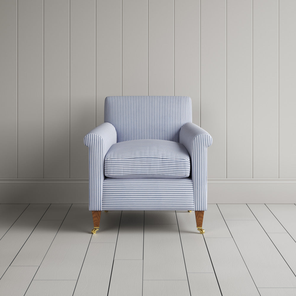 Idler Armchair in Ticking Cotton, Aqua Brown - Nicola Harding