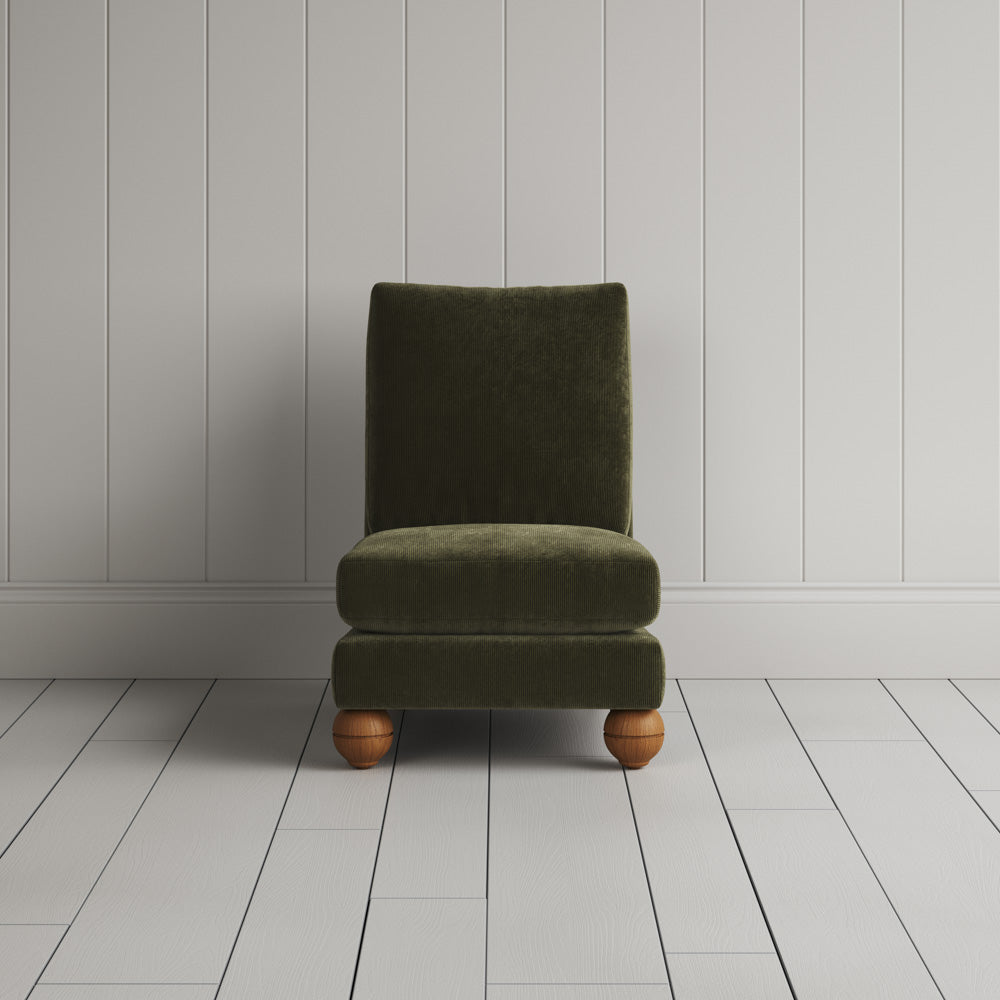  Perch Armchair in classic corduroy caper, full front view by Nicola Harding. 