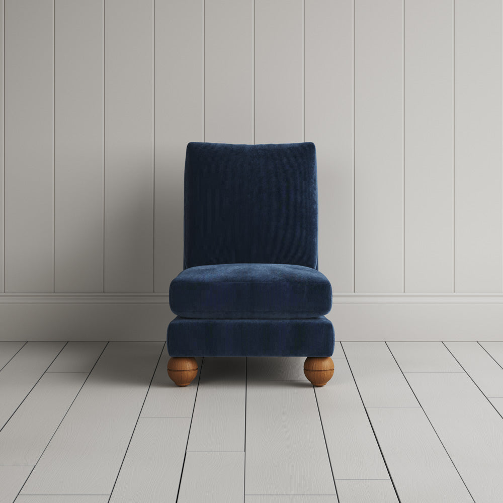 Perch Armchair in classic corduroy twilight blue, full front view by Nicola Harding.