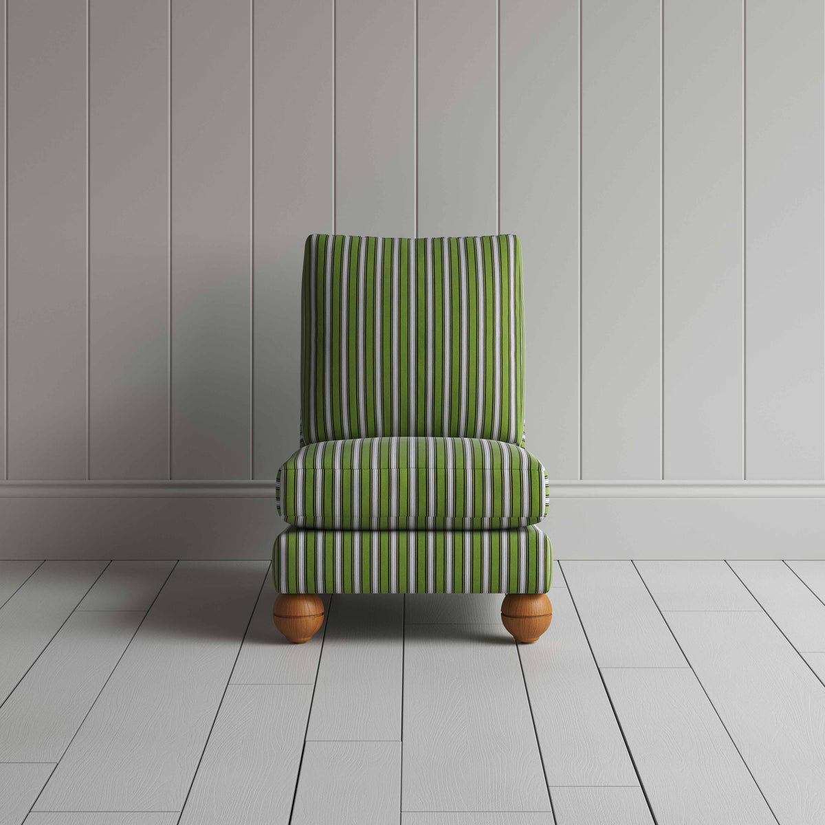 Front View of Perch Slipper Armchair in Colonnade Cotton, Green and Wine - By NiX