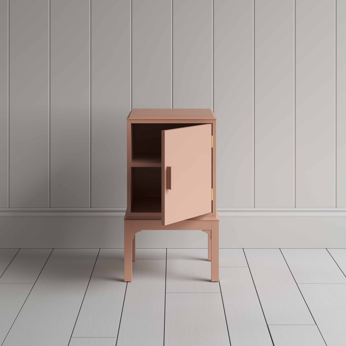 Bits and Bobs Bedside Table in Blush Pink with open storage cabinet, right-hand side by NiX Studio, London.