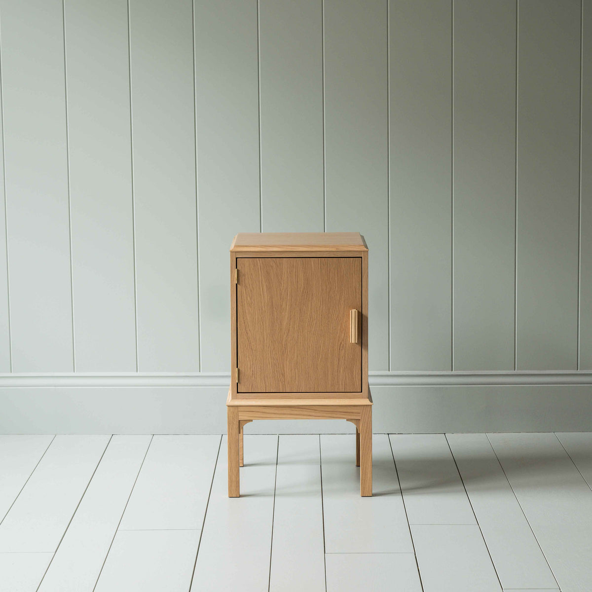Front View of Bits and Bobs Bedside Table, Natural Oak, Left Hand Side - Nicola Harding