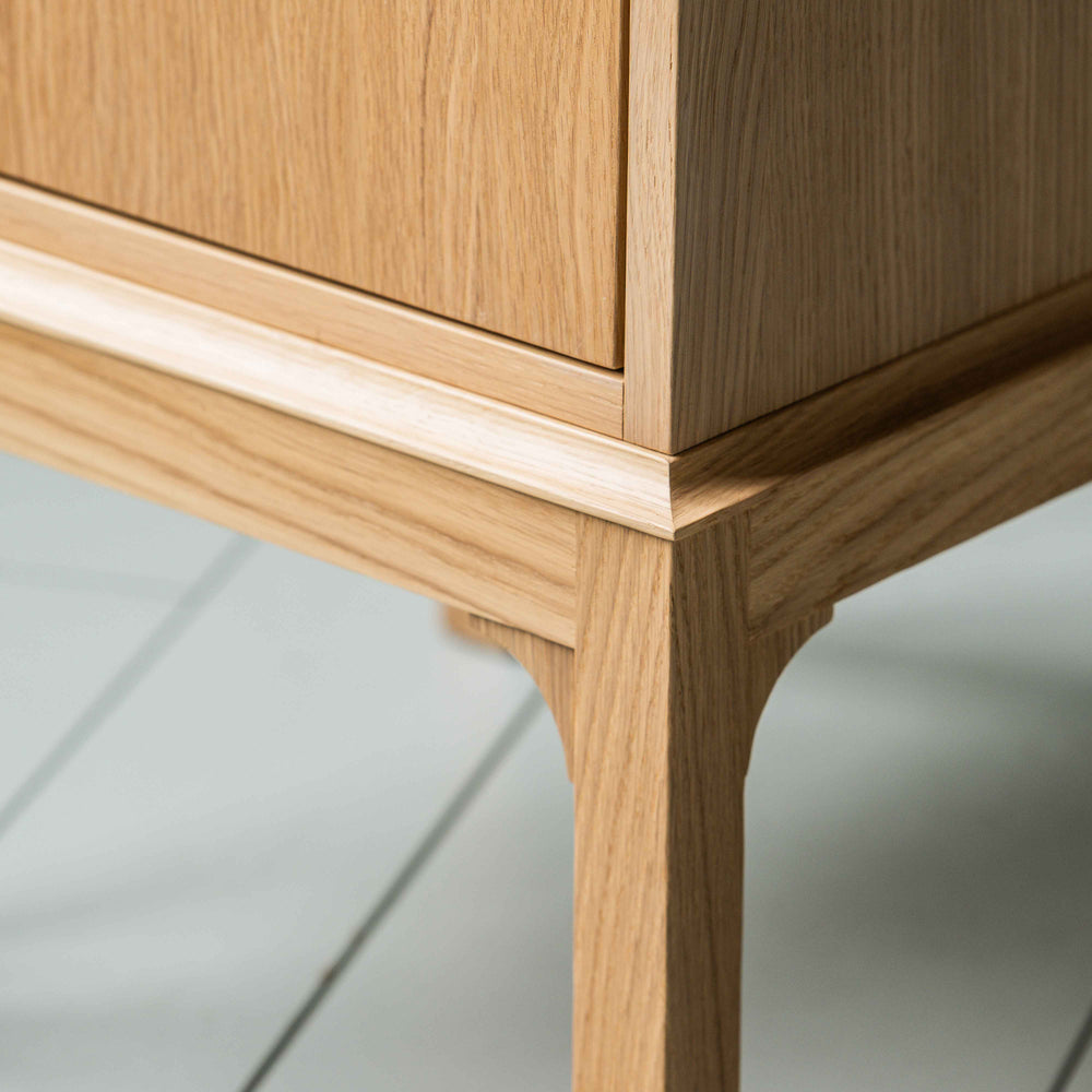 Leg Edge Design closeup of Bits and Bobs Bedside Table, Natural Oak, Left Hand Side - Nicola Harding