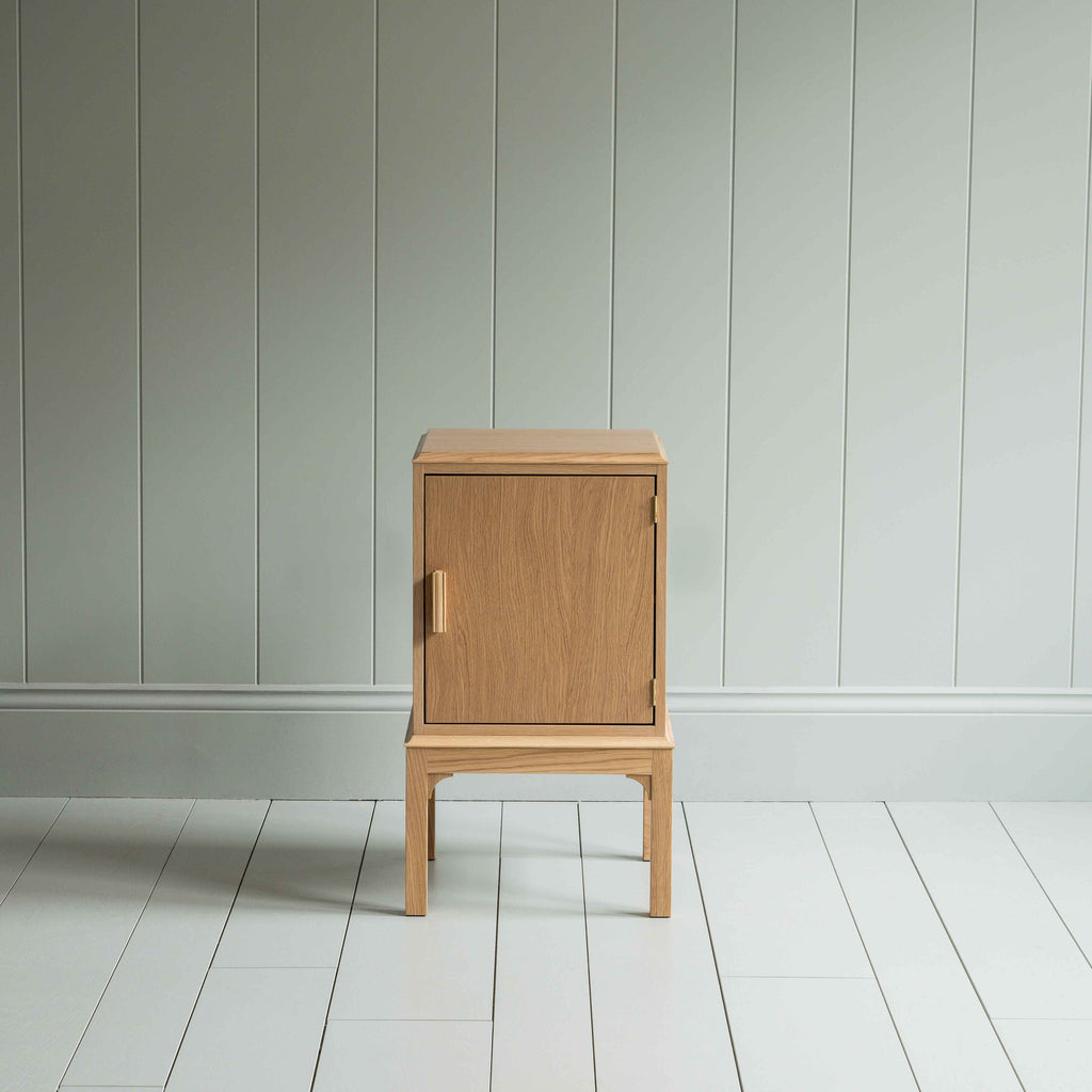  Front View of Bits and Bobs Bedside Table, Natural Oak, Right Hand Side - Nicola Harding 