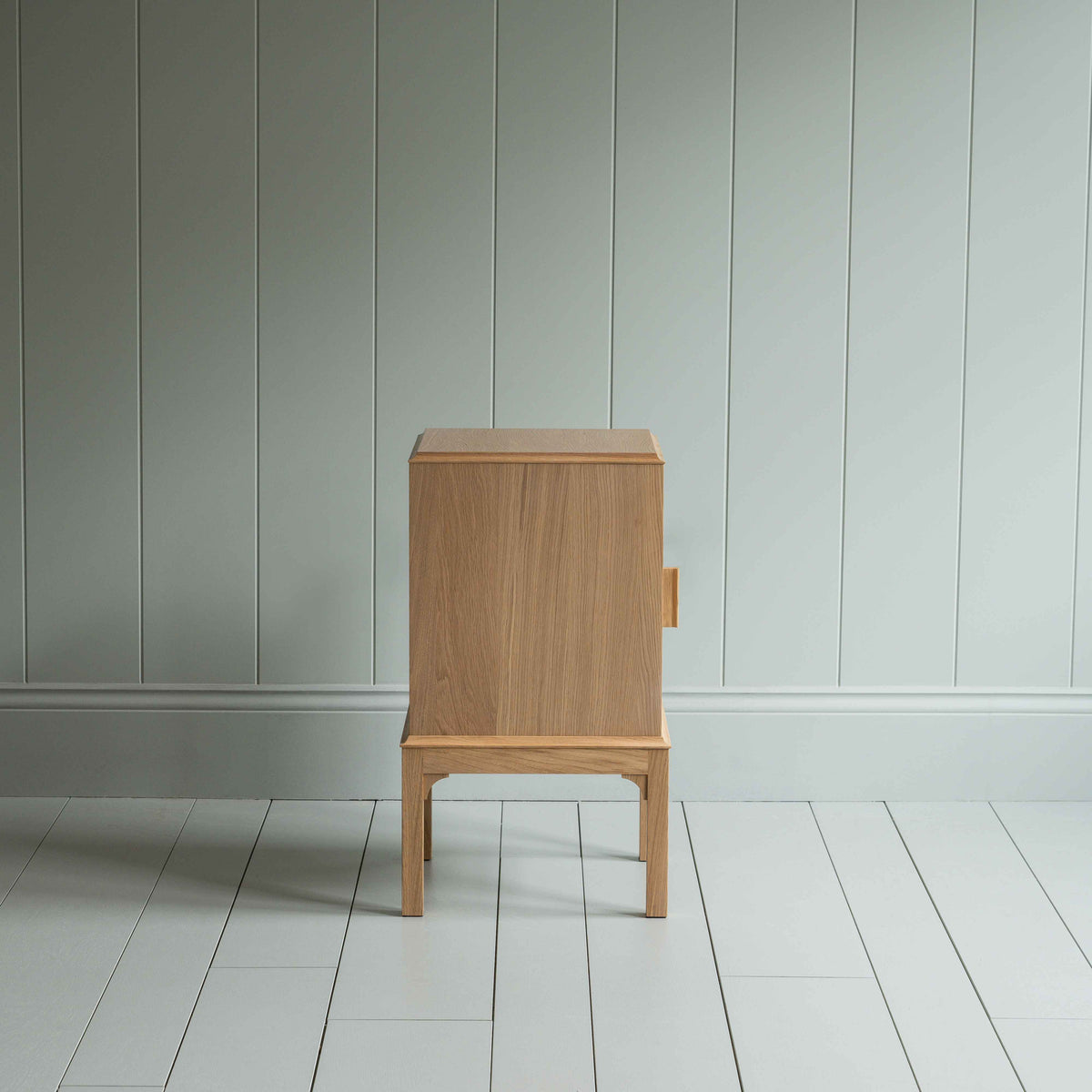 Side View of Bits and Bobs Bedside Table, Natural Oak, Right Hand Side - Nicola Harding