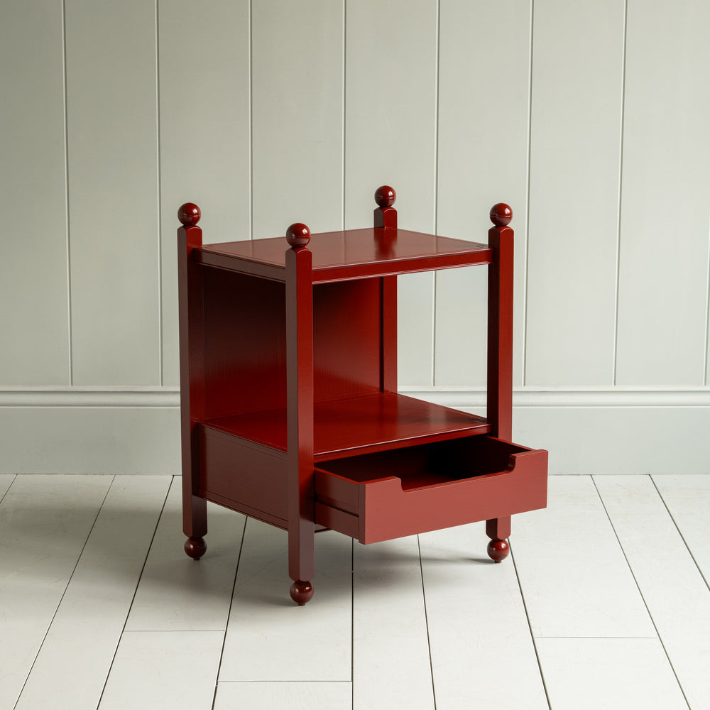  Slumber Bedside Table, Berry Red With open Drawer 