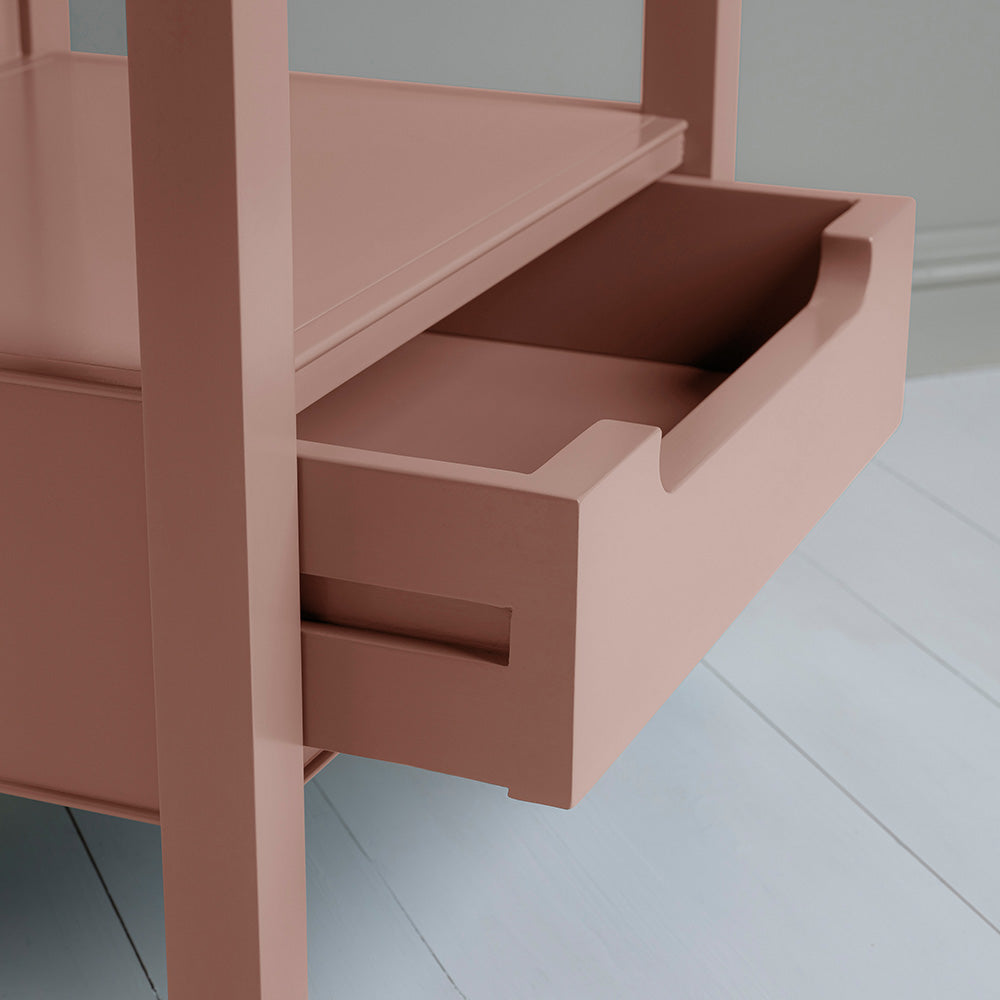  Slumber Bedside Table, Blush Pink, With Open Drawer Closeup - By Nicola Harding & Co. 