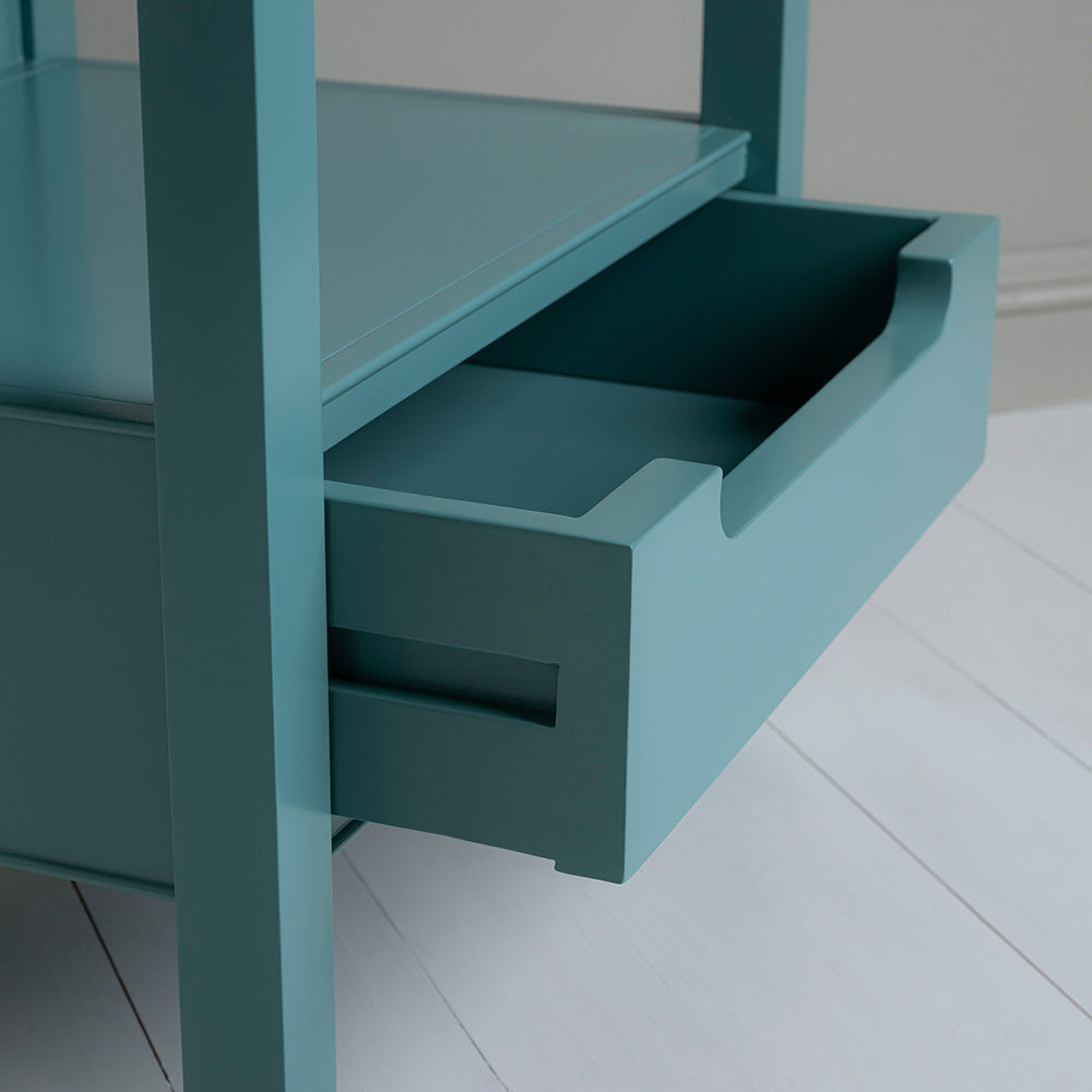  Open Drawer Closeup of Slumber Bedside Table, Turquoise Blue 