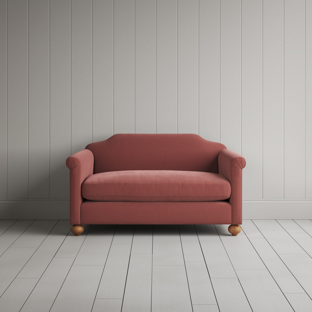  Front view of the Intelligent Velvet Damson Dolittle love seat by Nicola Harding interiors. 